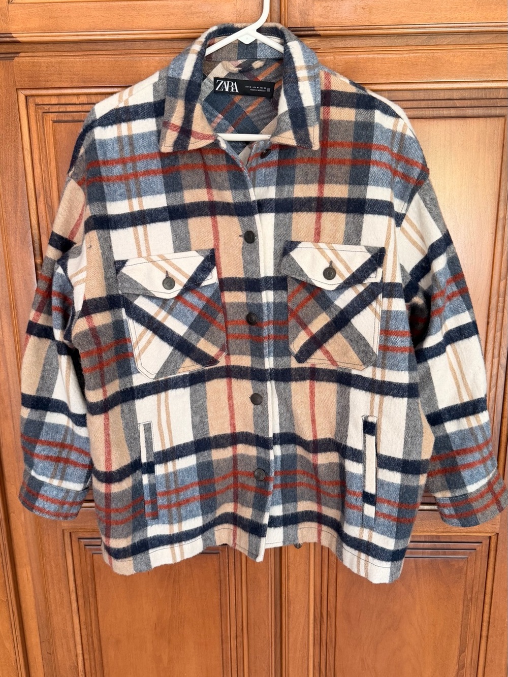 ZARA Plaid Shirt Jacket in Cream, Navy & Rust